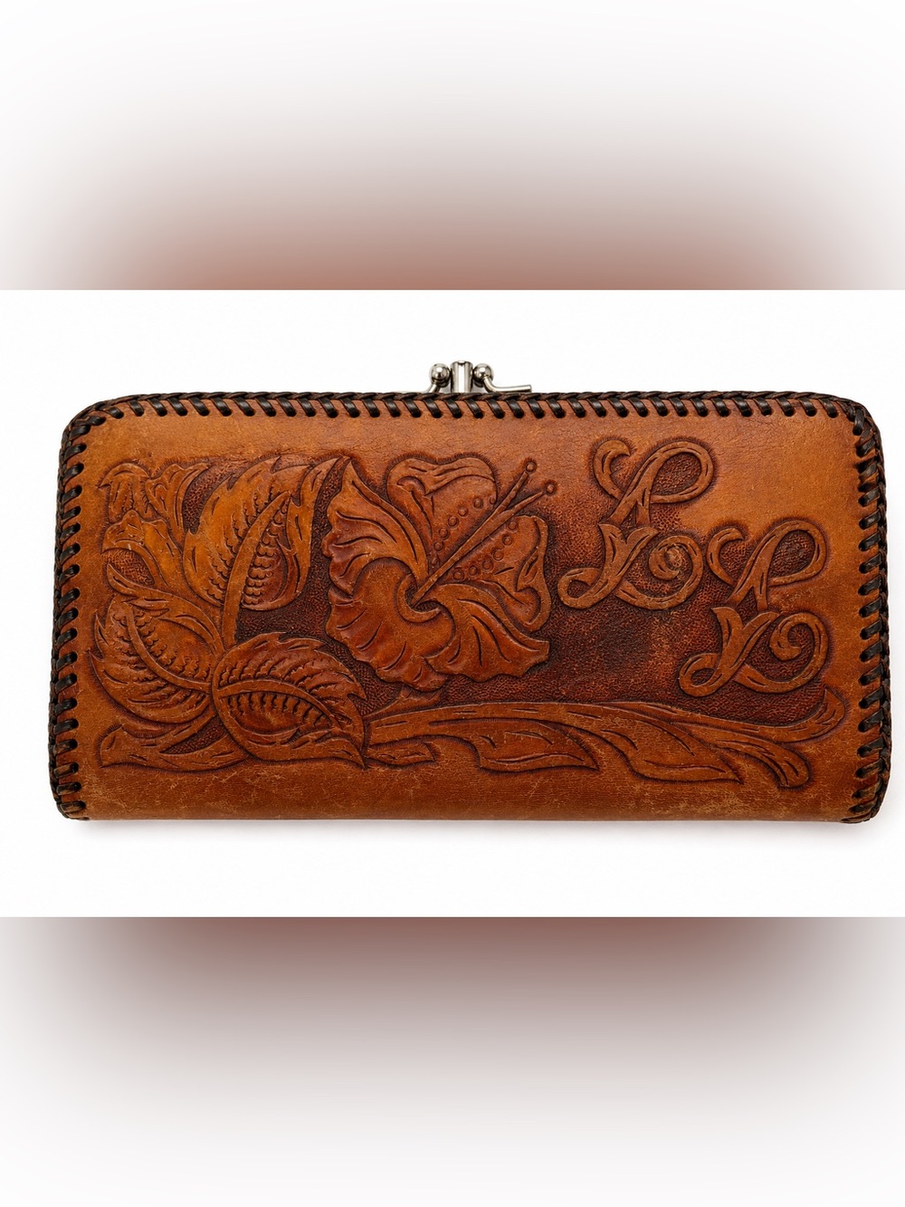 Vintage Hand Tooled Leather Wallet Clutch Floral Western Boho Kiss Lock
